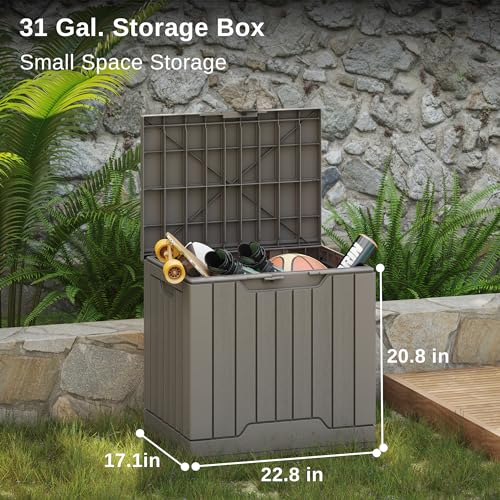 EAST OAK Outdoor Storage Box, 31 Gallon Deck Box Indoor and Outdoor Use, Waterproof Resin Storage Bin with Latch for Patio Cushions, Gardening Tools, Outdoor Toys, UV Resistant, Deep Grey - WoodArtSupply