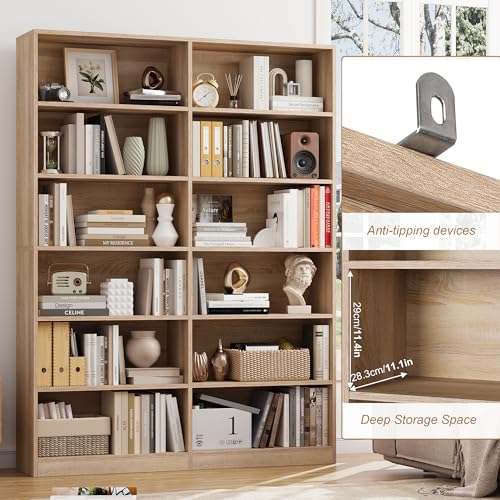 FACBOTALL 6-Tier Light Oak Double Wide Bookshelf - Stylish Freestanding Storage for Home Decor FACBOTALL