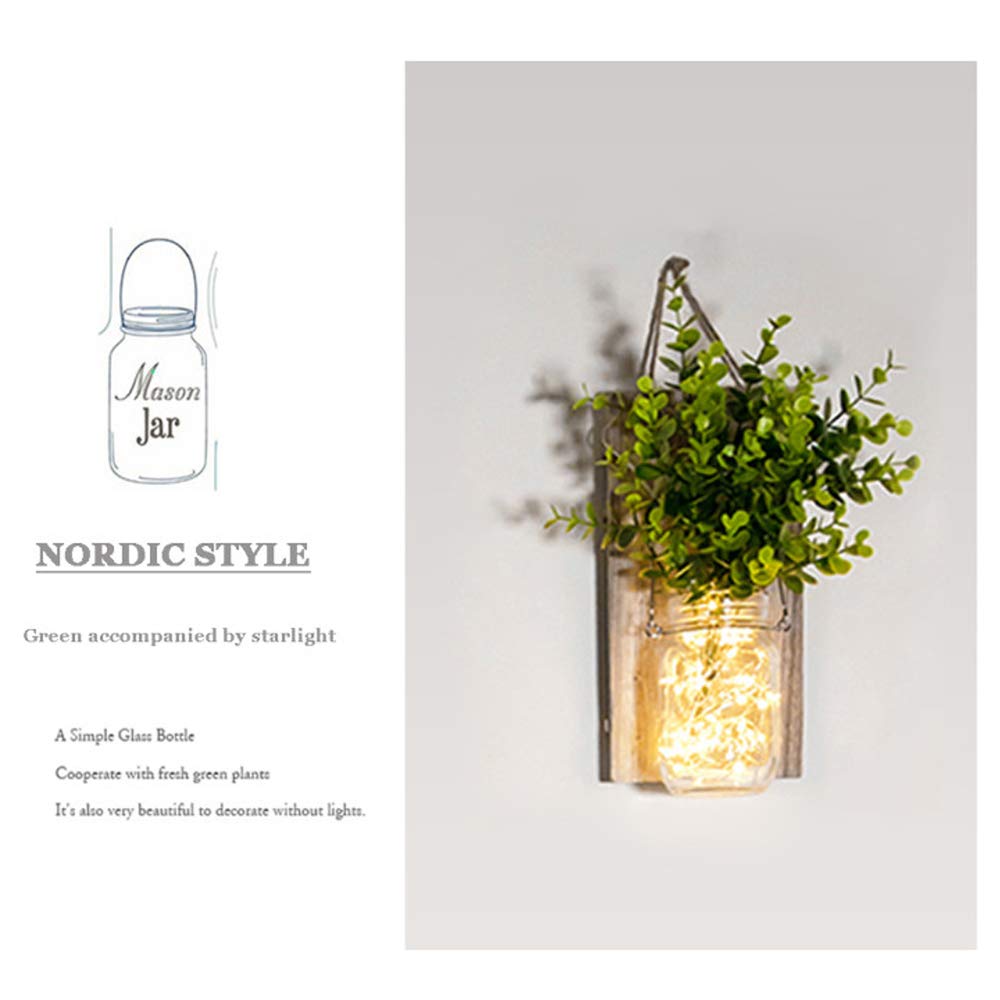 Rustic Wall Sconces, Mason Jar Sconces, Farmhouse Home Decor, LED Fairy Lights, Green Fake Plant, Interior Decoration Warm Toned Lighting. (2 Pack) ECTY