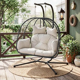 Bifanuo Double Hanging Egg Chair with Stand, Outdoor Indoor Swing Chair with Removable Cushion for 2 Person, Heavy Duty 700LBS Capacity for Patio, Bedroom, Garden (Black-Beige)