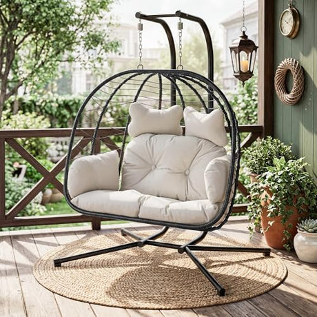 Bifanuo Double Hanging Egg Chair with Stand, Outdoor Indoor Swing Chair with Removable Cushion for 2 Person, Heavy Duty 700LBS Capacity for Patio, Bedroom, Garden (Black-Beige) Bifanuo