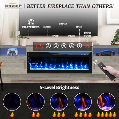 BREEZEHEAT Electric Fireplace TV Stand with 42 inch Fireplace Up to 90" TVs-Led Entertainment Center, High Glossy Doors-80 inch TV Cabinet，Modern Media Console for Living Room (Oak Grey) BREEZEHEAT