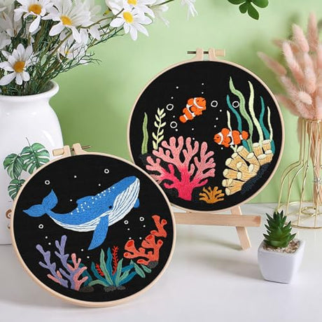 ERKOON 4 Set Embroidery Kit for Beginners, Cross Stitch Set Include Embroidery Cloth Hoops Threads for Craft Lover Hand Stitch with Embroidery Skill Techniques (Marine Animals) ERKOON