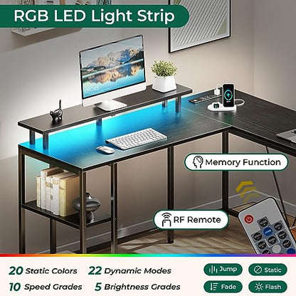 Huuger L Shaped Computer Desk with Power Outlets & LED Lights, Reversible Computer Desk with File Cabinet & Storage Shelves, Corner Desk Home Office Desk, Black - WoodArtSupply