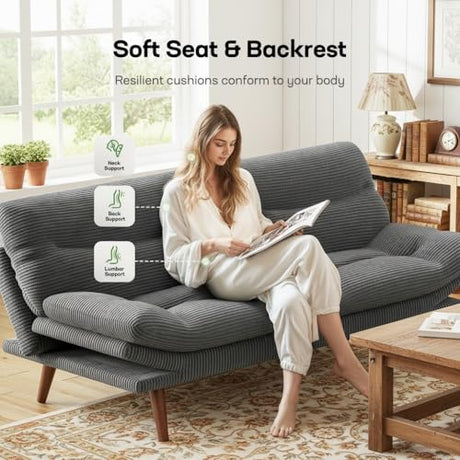 Marsail 75" Futon Sofa Bed, Convertible Corduroy Futon Couch with Adjustable Backrest & Armrests, Small Sleeper Sofa Loveseat for Living Room, Apartment, Office, Grey Marsail
