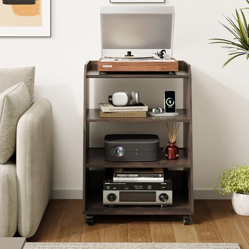 Rresyet 22.1" Record Player Stand with Charging Station & LED Lights,4-Tier Vinyl Record Storage with Wheel & Open Divided Shelves, Record Cabinet for Music Room, Living Room Rresyet