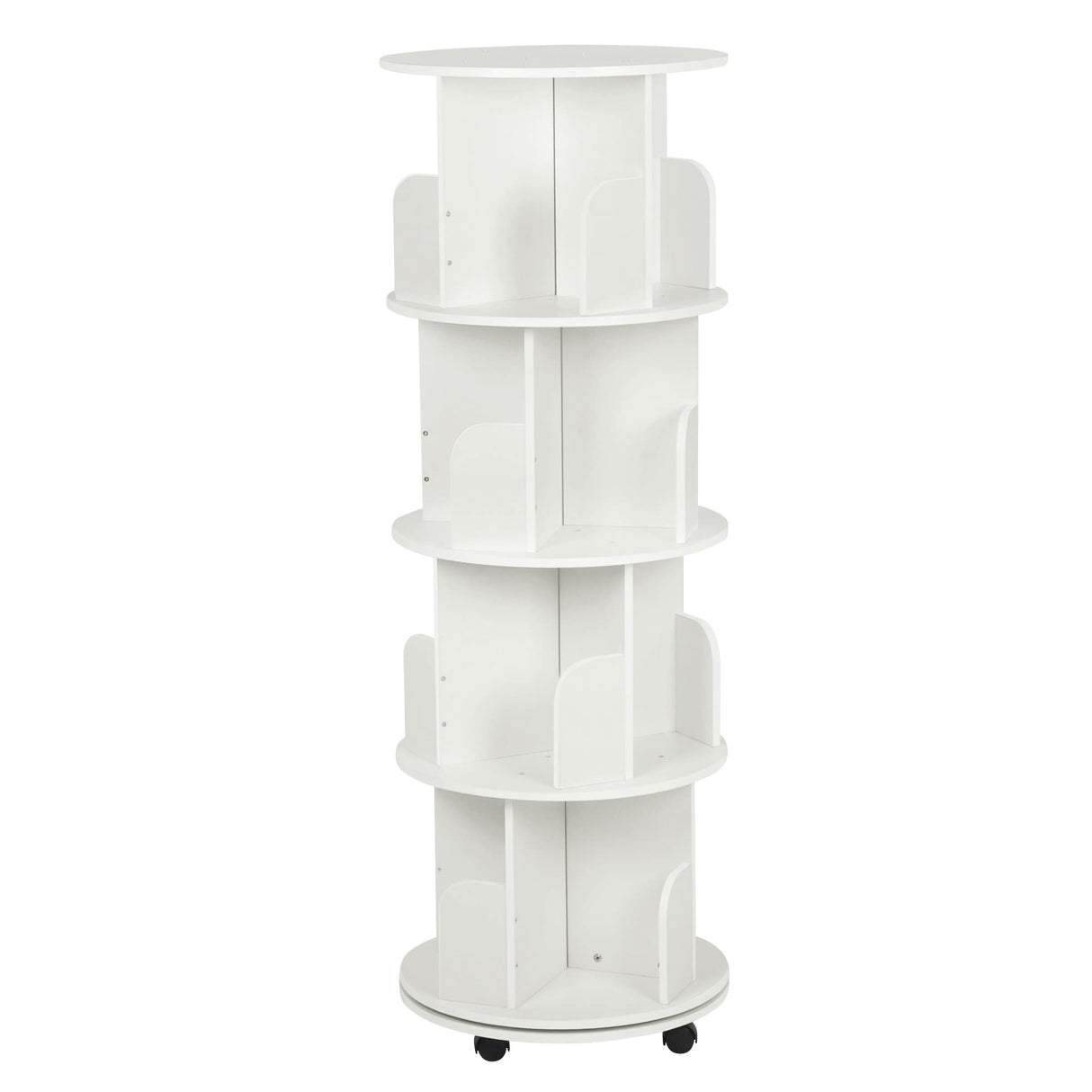 ybaymy 4-Tier 360° Revolving Bookshelf with Wheels - Modern White Floor Display Bookcase ybaymy