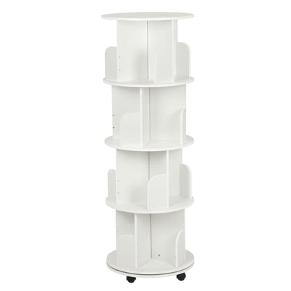 ybaymy 4-Tier 360° Revolving Bookshelf with Wheels - Modern White Floor Display Bookcase - WoodArtSupply