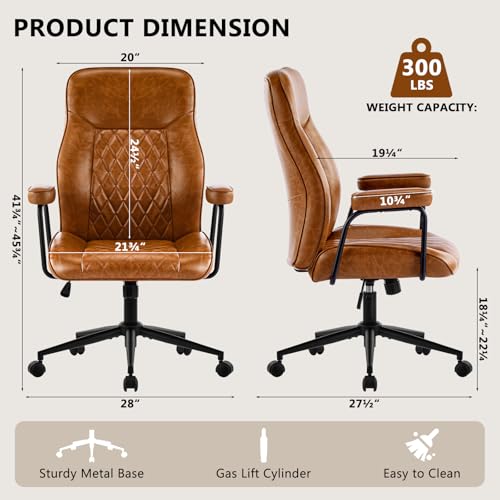 Furnistyle Leather Home Office Desk Chairs, Comfy Office Chair, Mid Century Modern Office Chair with Lumbar Support, Mid-Back Adjustable Swivel Computer Chair with Wheels and Arms, Brown Furnistyle