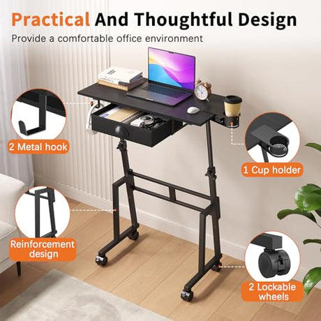 Adjustable Height Standing Desk with Drawer, Rolling Sit to Stand Up Desk with Wheels Height 31.5"-43.3" Small Mobile Laptop Standing Desk for Treadmill Walking Pad, Movable Classroom Podium (Black) Honkazita