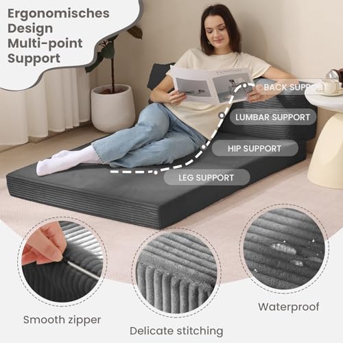 JUIKURY Folding Sofa Bed, Convertible Sleeper Chair with Pilow Foldable Matress, 2 in 1 Pull Out Loveseat Sofa Portable Fold Out Chair Bed Floor Couch Lounge for Living Room Bedroom (Grey, Full) JUIKURY