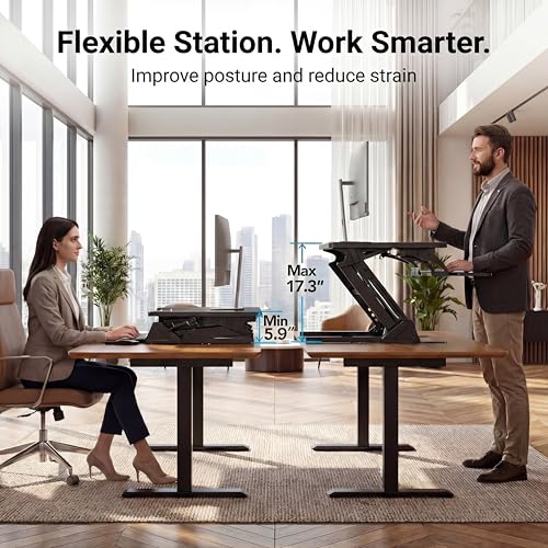 HUANUO 32" Z Shaped Stable Standing Desk Converter, Height Adjustable Sit Stand Up Desk Riser, Dual Monitor and Laptop Workstation with Wide Keyboard Tray, Desk Lifter for Home Office HUANUO