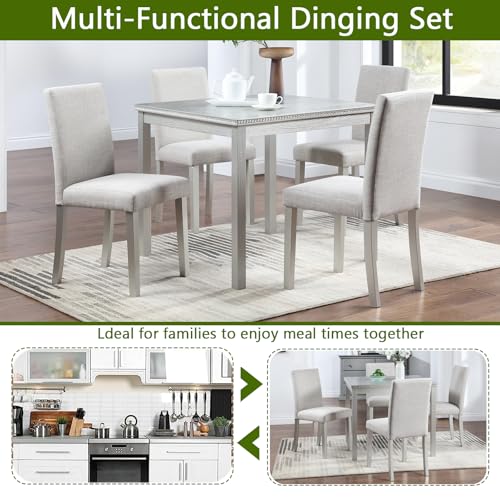 Ball & Cast 5 Piece Dining Table Set,Kitchen Table Set for 4 W/ 34.5" Square Wooden Dining Table,Living Room Furniture W/ 4 Upholstered Chairs,for Dining Room,Kitchen,Restaurant,Silver Gray Ball & Cast