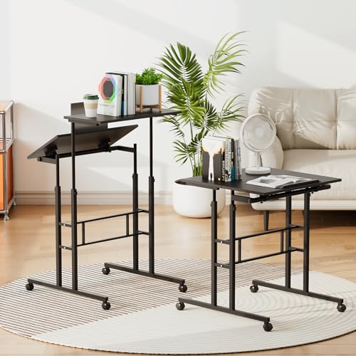Athena Collection Height Adjustable Rolling Desk Mobile Portable Laptop Stand Cart Small Sit Standing Desk Computer Table Workstation for Home Office, Black Athena Collection