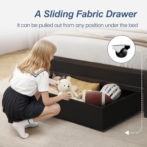 Fluest Twin Bed Frame,Twin Bed Frame with Storage Headboard & Storage Drawer, Charging Station & LED Light, No Box Spring Needed, Noise Free, Easy Assembly, Classic Black Fluest