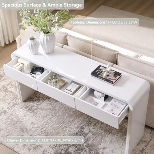 Aitjunz 63'' Console Table with 3 Drawers, Modern Entryway Table with Curved Profile Design, Narrow Long Wood Sofa Table Behind Couch Table for Living Room, Hallway, Foyer, White Aitjunz