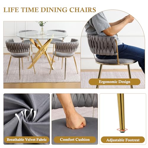 VAKTULS Luxury Round Dining Table Set for 4, 34-Inch Faux Marble Thick MDF Kitchen Table Set with 4 Grey Modern Velvet Dining Chairs for Small Place Coffee Tea, Saving Space(Gold Base) VAKTULS