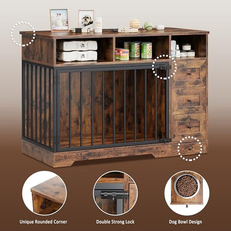 48'' Dog Crate Furniture, Farmhouse Heavy Duty Dog Kennel with Bowl & Storage Drawers, Medium Dog Cage End Table for Small Medium Dogs, Retro Brown GarveeLife