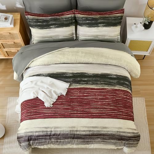 WONGS BEDDING Red King Size Comforter Set, 7 Pieces Striped Bed in a Bag Comforter and Sheet Set, Boho Lightweight Microfiber King Bedding Set for All Season (104" x 90")