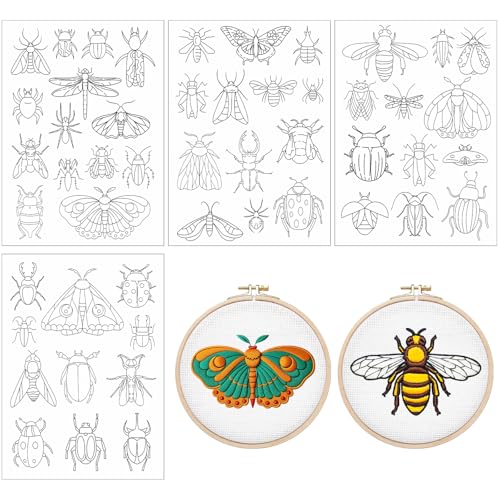 Rngmsi Water Soluble Embroidery Patterns - 4 Pcs Insect Theme Stick and Stitch Embroidery Paper Wash Away Butterfly Dragonfly Moth Design Water Soluble Stabilizer Transfer Paper for Hand Sewing