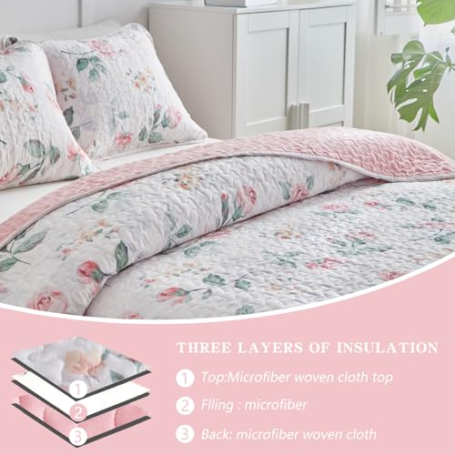 Floral Quilt Set Twin Size 68x86 with Pink Yellow Flower Soft Microfiber Lightweight Coverlet Bedspread Reversible Summer 2pc Quilted Bedding Set Bed Cover for All Season (1 Quilt+ 1 Shams) UOZZI BEDDING