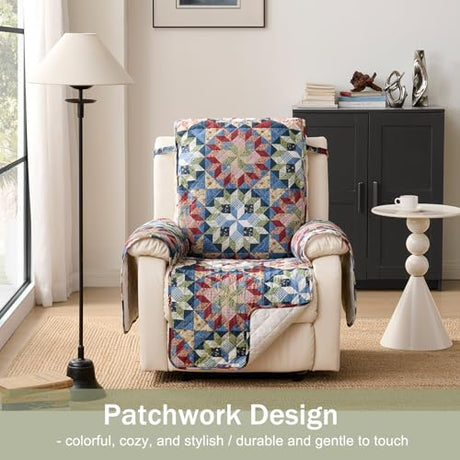 Chindar Patchwork Printed Recliner Chair Covers, Soft Quilted Lazy Boy Chair Covers, Pet Friendly Recliner Cover for Sofa Couches, Washable Armchair Slipcovers Covers (Recliner 22", Patchwork Red) Chindar