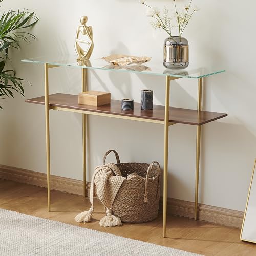 Saint Mossi 2-Tier Console Table for Living Room, Modern Narrow Entryway Table for Hallway, Foyer, Corridor, Office, Clear Glass Top & Gold Frame, D41×H31 SM Saint Mossi