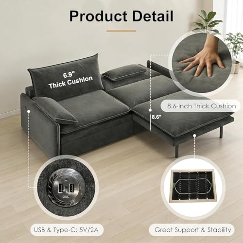 81" 3-in-1 Convertible Sofa Bed, Pull Out Couch with Deep Seat & Storage, Chenille Loveseat Cloud Couch with USB Port & Pillow, Futon Sofa Bed Couches for Living Room/Apartment/Bedroom, Dark Grey TaiEnjoy