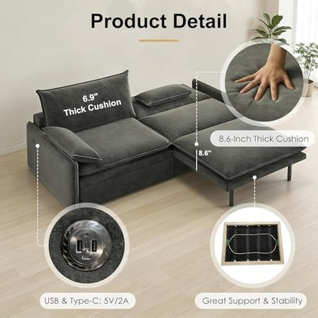 81" 3-in-1 Convertible Sofa Bed, Pull Out Couch with Deep Seat & Storage, Chenille Loveseat Cloud Couch with USB Port & Pillow, Futon Sofa Bed Couches for Living Room/Apartment/Bedroom, Dark Grey TaiEnjoy