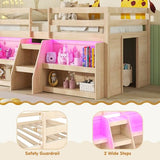 Giantex Low Loft Bed with LED Lights, Wooden Twin Loft Bed with Stairs & Safety Guardrail, Loft Bed Twin Size with Storage Bookcase and Under-Bed Play Space, Loft Bed for Kids (Natural) Giantex