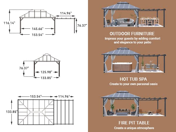 EROMMY 12'x14' Permanent Hardtop Gazebo with 12'x10' Outdoor Pergola, Metal Steel Canopy with Aluminum Composite Roof for Patio Lawn and Garden, Curtains and Netting are Included, Grey