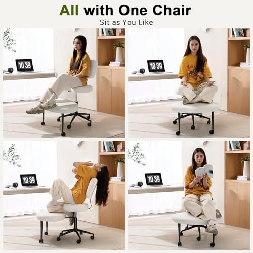Waleaf Ergonomic Cross Legged Office Chair, ADHD Chair for Adults, Height Adjustable Meditation Chair with Wheels, Teddy Fabric Yoga Kneeling Chairs with Comfortable Back Support (White) Waleaf