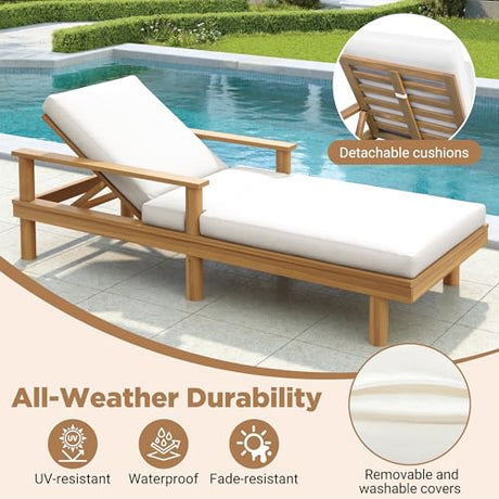 Acacia Wood Outdoor Double Chaise Lounge with 5-Position Adjustable Backrest and Armrest, All Weather Patio Recliner Chair Set of 2 with Cushions and Round Legs for Poolside Garden (Teak-4.3) XD Designs