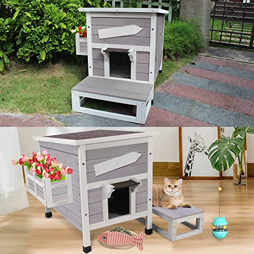 HiCaptain Outdoor Cat House, Weatherproof Feral Cat House with Escape Door, Outside Wooden Single Story Pet House for Cats, Puppies and Small Pet - Grey HiCaptain