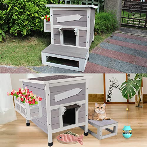 HiCaptain Outdoor Cat House, Weatherproof Feral Cat House with Escape Door, Outside Wooden Single Story Pet House for Cats, Puppies and Small Pet - Grey - WoodArtSupply