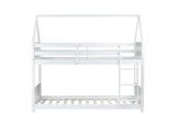 DaiNNCN House Bunk Bed for Kids,Twin Over Twin Bunker Bed with Guardrails and Ladder,Headboard,Footboards,Rubber Wood Bed Frame for Kids,Girls-White DaiNNCN