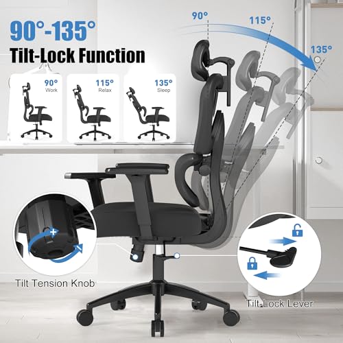 Ergonomic Office Chair with Adjustable Lumbar Support, 3D Arms and Headrest, High Back Wide Desk Computer Chair with Wheels, for Home & Office, Black ZZH