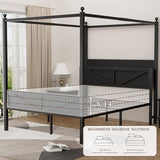 Tsovihe Queen Size Canopy Bed Frame with Barn Door Storage Headboard, Metal Slats Support LED Light & Charging Station/No Box Spring Needed/Easy Assembly/Curtain Not Included/Black