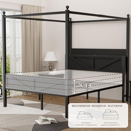 Tsovihe Queen Size Canopy Bed Frame with Barn Door Storage Headboard, Metal Slats Support LED Light & Charging Station/No Box Spring Needed/Easy Assembly/Curtain Not Included/Black Tsovihe