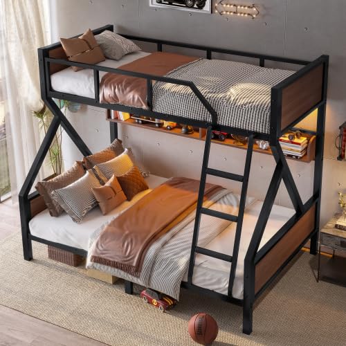 Harper & Bright Designs Twin Over Full Bunk Bed with Storage Shelves and LED Lights, Metal Bunk Bed Frame for Kid Teens, Space-Saving & Noise-Free Design, Black Harper & Bright Designs