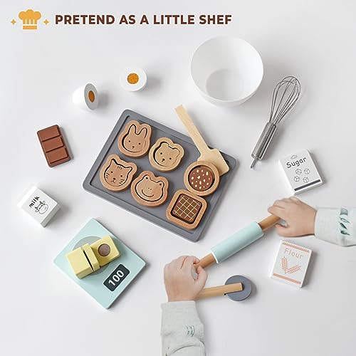 PairPear Wooden Toy Cookies and Baking Set,Kids 28 Pieces Play Food Toy Kitchen Playset,Pretend Play Kitchen Accessories Gift for Boys and Girls 3 Years and up. PairPear