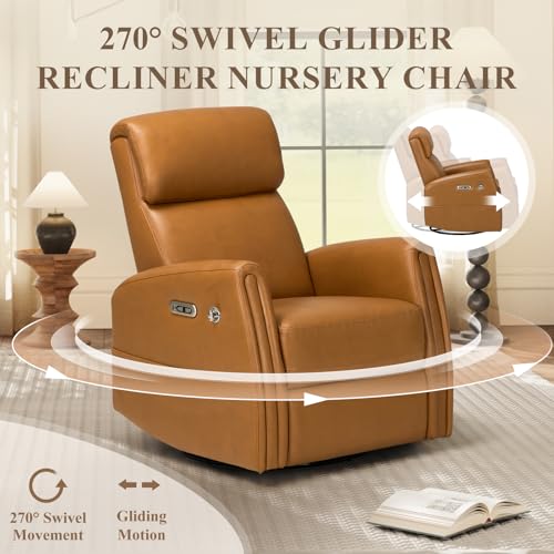 COLAMY Electric Power Swivel Recliner Chair, PU Leather Rocking Chair, 270° Swivel 145° Recliner Chair with Built-in Charging Ports for Living Room, Home, CognacBrown COLAMY