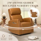 COLAMY Electric Power Swivel Recliner Chair, PU Leather Rocking Chair, 270° Swivel 145° Recliner Chair with Built-in Charging Ports for Living Room, Home, CognacBrown COLAMY