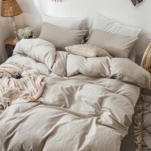 MooMee Bedding Duvet Cover Set 100% Washed Cotton Linen Like Textured Breathable Durable Soft Comfy (Heathered Tannish Linen Grey, Queen 90"x90") MooMee