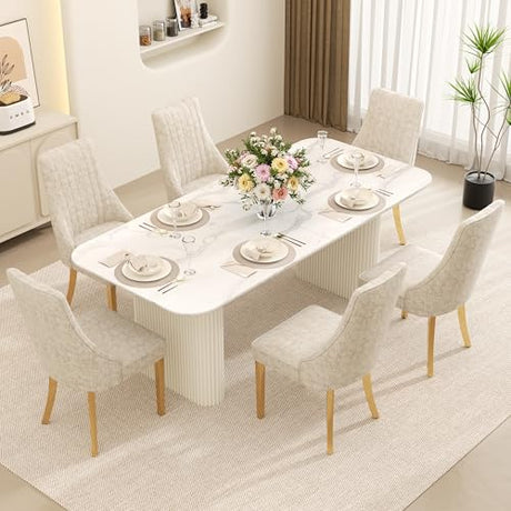 RGZ Modern Oval Dining Table Set for 6, 71" White Faux Marble Kitchen Table with Ripple Legs & 6 Beige Gold Comfy Upholstered Chenille Chairs, Dinner Table Set for Office, Home, Dining Room RGZ