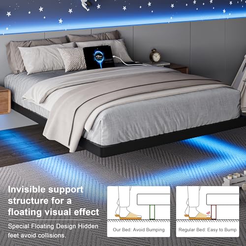 Feonase Twin Size Floating Bed Frame with Charging Station and LED Lights, Metal Bed Frame with Heavy Duty Steel Slats Supports, No Box Spring Needed, Easy Assembly, Black Feonase