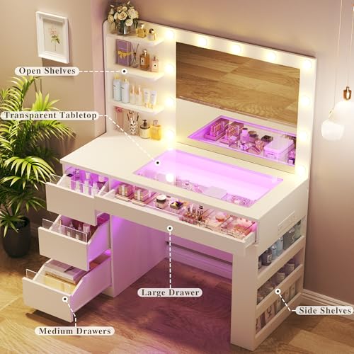 HUAHUU Vanity Desk with Lighted Mirror & Transparent Top, Makeup Vanity Desk with 4 Transparent Drawers and RGB Lighting, Built-in Power Outlet, 3-Tier Side Shelves & Storage Organizer for Bedroom HUAHUU