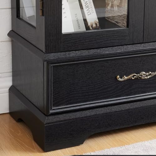 51.58" Lighted Curio Cabinet with Glass Doors and Adjustable Shelves 2 Door Wine Cabinet Display Curio Cabinet with LED Lights Light Black Finish and Drawer for Home Decor and Storage, Black JIJIWANG