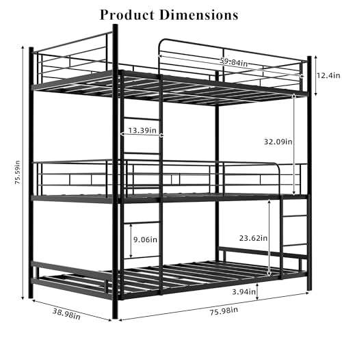 Detachable Triple Bunk Bed, Twin Over Twin Bunk Beds for Kids/Teens/Adults, Heavy Duty Metal Bunkbed Frame with Safe Guardrails & 2 Ladder, Convertible 3 Twin Beds for Dorm, Bedroom, Guest Room TBCOPTO