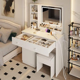 Vanity Set with Mirror and Stool and Lights, with Power Outlet,Dressing Table with Vanity Benches,for Girls Women with Storage Stool,for Bedroom with Chair (White) Wohh
